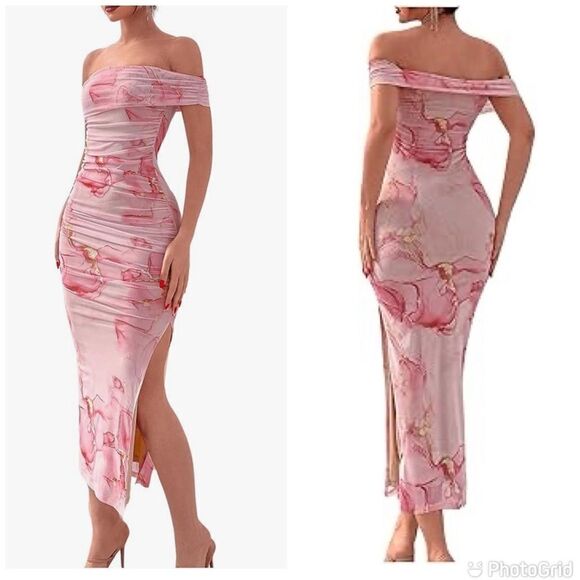 Floral Print Off Shoulder Short Sleeve Ruched Bodycon  Long Dress - Picture 1 of 13